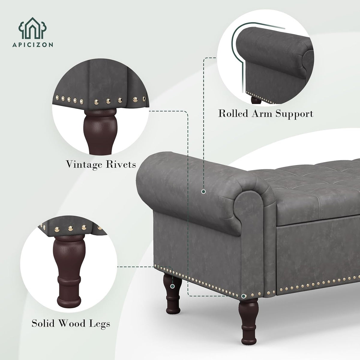 Apicizon 51” Bench with Storage, Upholstered Tufted Button Bedroom Bench with Storage, Faux Leather End of Bed Bench with Rolled Arms, Storage Ottoman Bench for Bedroom, Living Room, Entryway, Gray