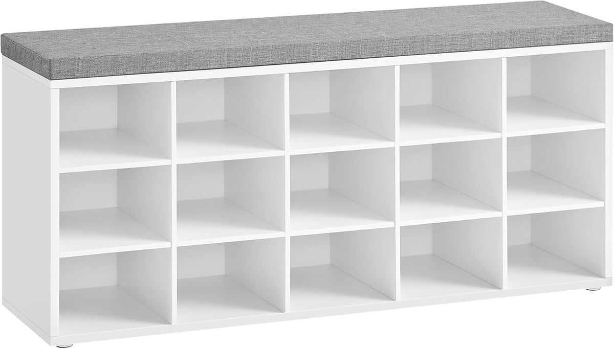VASAGLE Shoe Bench with Cushion, 15 Compartments, 11.8 x 41.3 x 18.9 Inches | Entryway Storage Bench with Padded Seat, for Bedroom, Cloud White and Dove Gray, CUSTOS Collection ULHS15WT