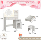 Vabches Kids Vanity with Mirror & Lights,Princess Toddler Vanity Table | 2 in 1 Princess Makeup Vanity Desk Wooden Pretend Play Vanity Desk and Chair Set for Little Girls,White
