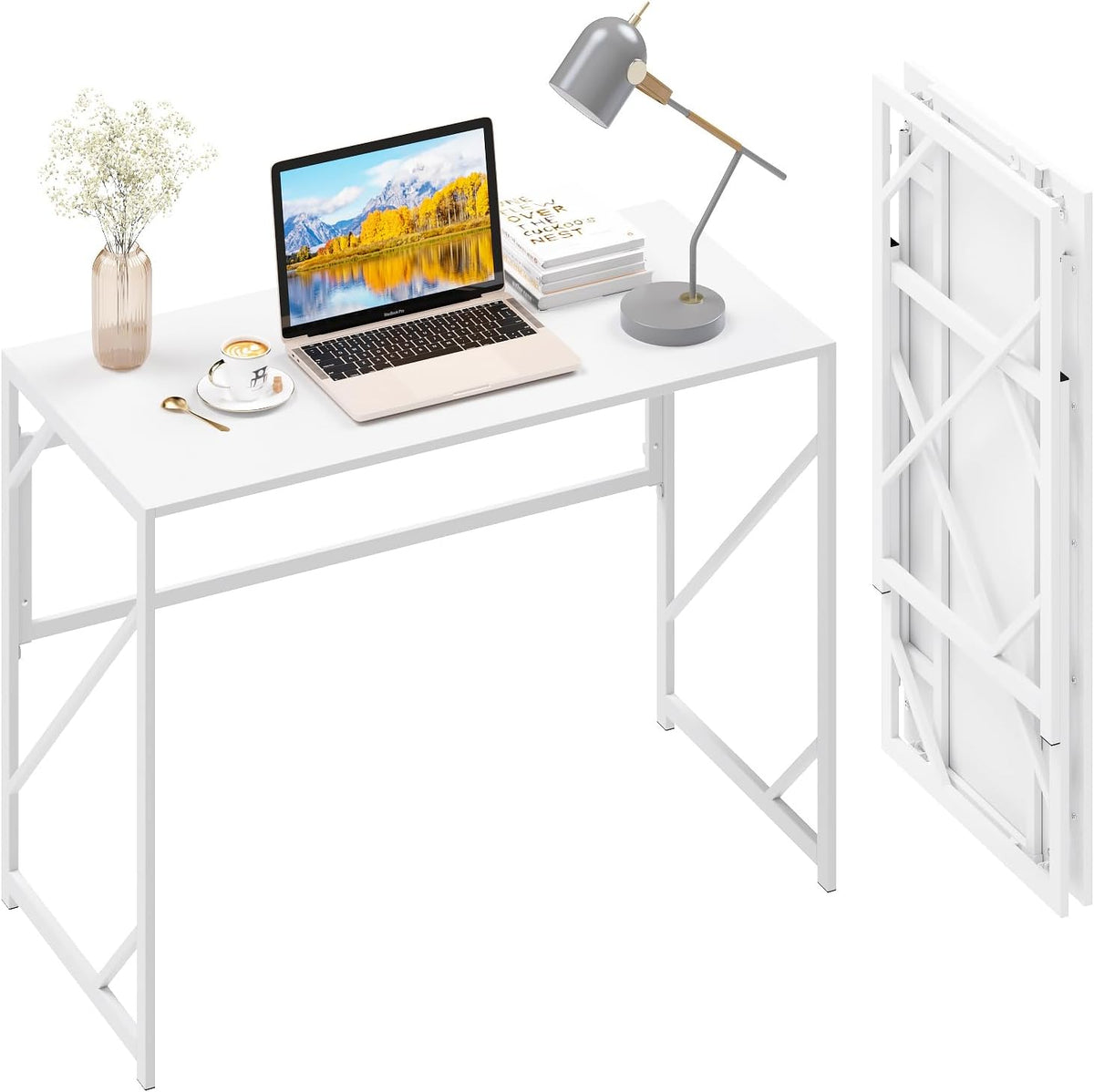 Elephance Folding Desk Writing Computer Desk for Home Office No-Assembly | Study Office Desk,Foldable Table for Small Spaces,39.4 Inch,White