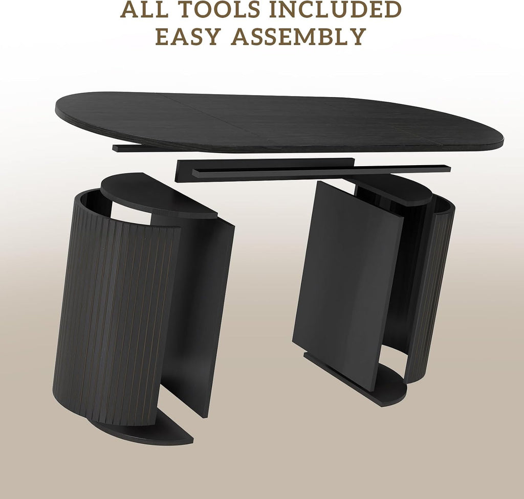 70.8" Oval Dining Table for 4-6 Persons, Fluted Pedestal Base Mid Century Wood Veneer Kitchen Table with Curved Edges for Dining Room, Apartment, Small Spaces, Black
