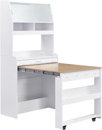 Spaco 2-in-1 Folding Dining Table and Buffet Cabinet Set,Compact Pull-Out Kitchen Table with Wheels,Storage Shelf and Side Hooks,Multifunctional Cupboard for Small Place (White & Oak)