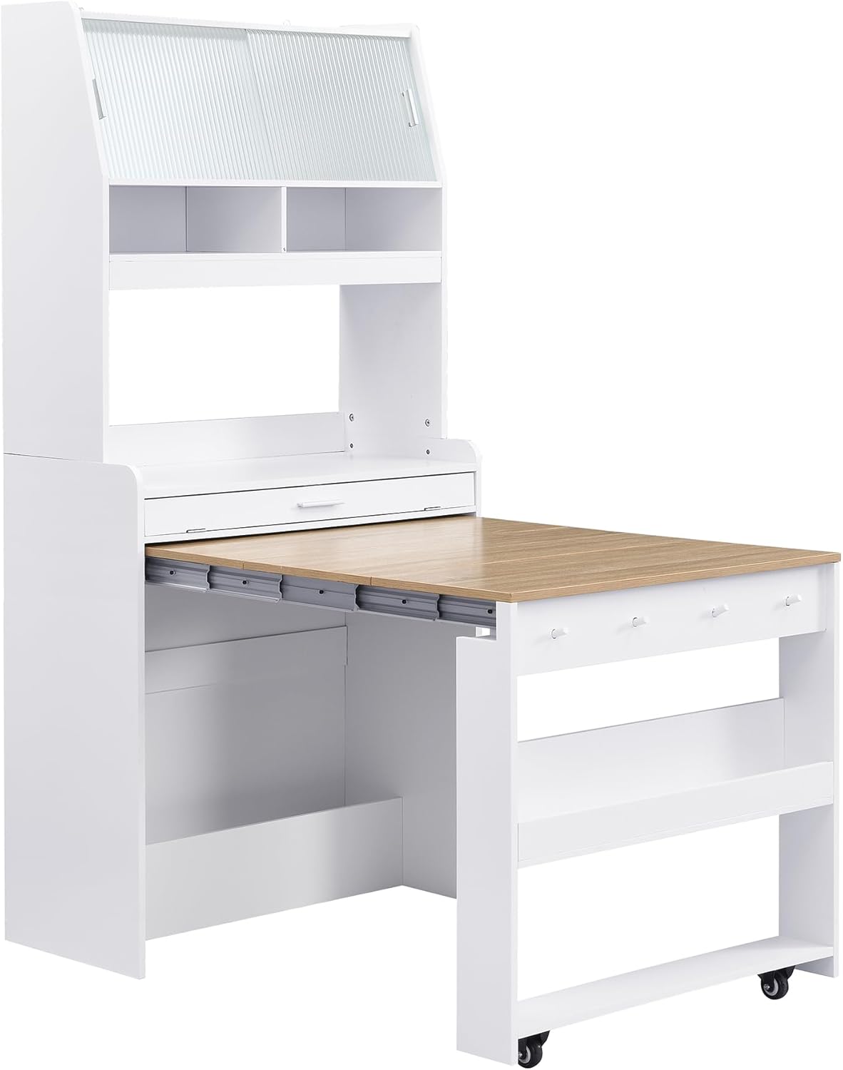 Spaco 2-in-1 Folding Dining Table and Buffet Cabinet Set,Compact Pull-Out Kitchen Table with Wheels,Storage Shelf and Side Hooks,Multifunctional Cupboard for Small Place (White & Oak)