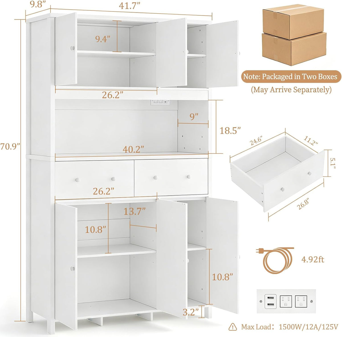 Garvee 71" H Pantry Cabinet with Charging Station, Tall Kitchen Pantry Storage Cabinet with Countertop, Modern Kitchen Hutch with Storage Drawers for Living Room, Dining Room, White