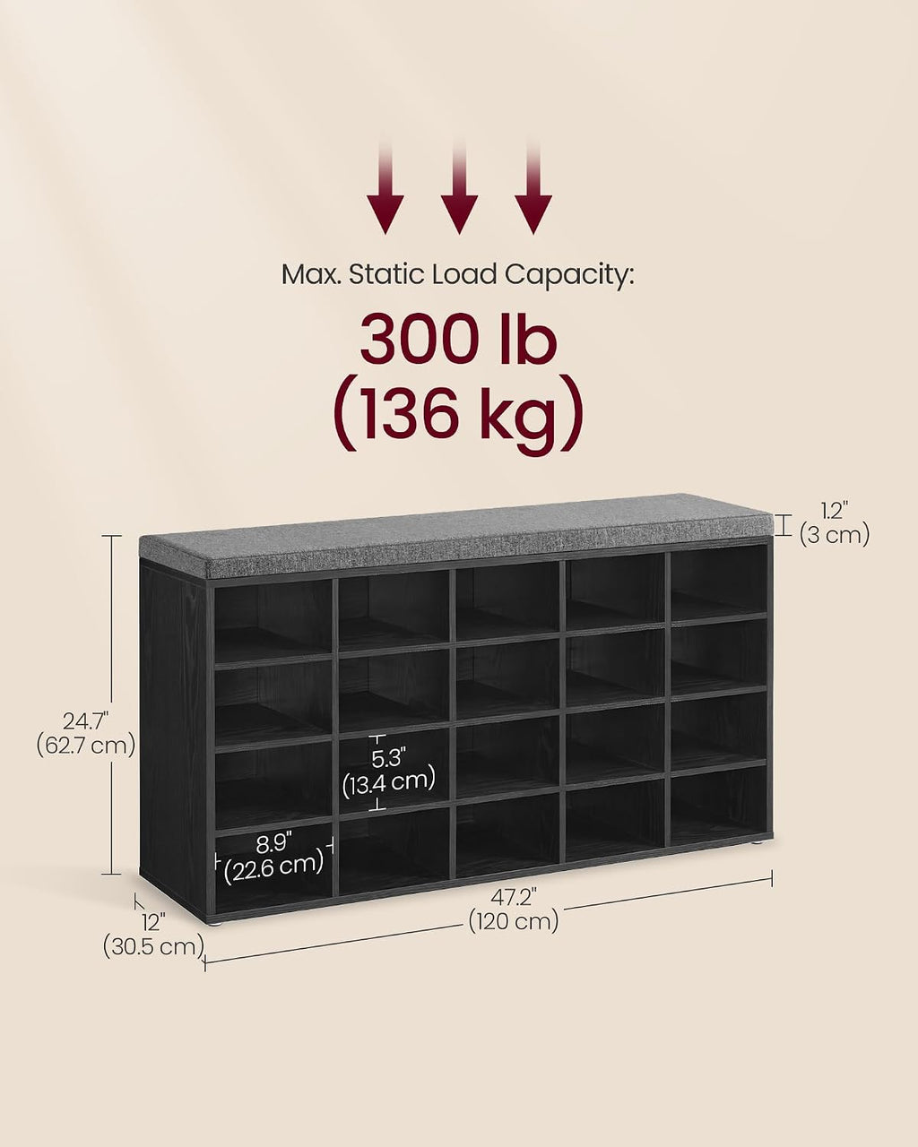 VASAGLE Shoe Bench with Cushion, 20 Compartments, 12 x 47.2 x 24.7 Inches | Entryway Storage Bench with Padded Seat, for Bedroom, Ebony Black and Slate Gray, CUSTOS Collection ULHS045B101S