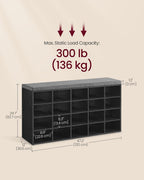 VASAGLE Shoe Bench with Cushion, 20 Compartments, 12 x 47.2 x 24.7 Inches | Entryway Storage Bench with Padded Seat, for Bedroom, Ebony Black and Slate Gray, CUSTOS Collection ULHS045B101S