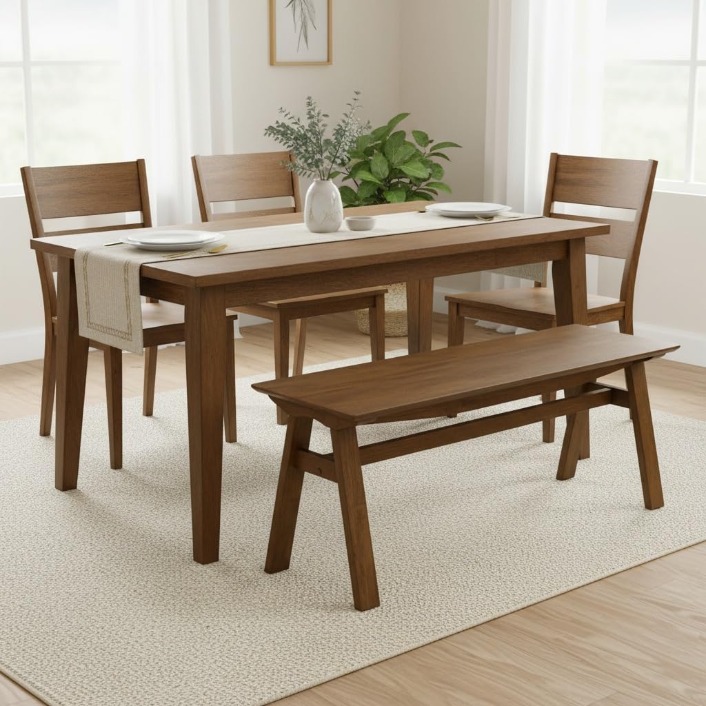 LukeAlon Rustic Solid Wood Long Dining Bench, Walnut Color | Heavy Duty Farmhouse Footstools For Dining Table Hallway Kitchen Living Room