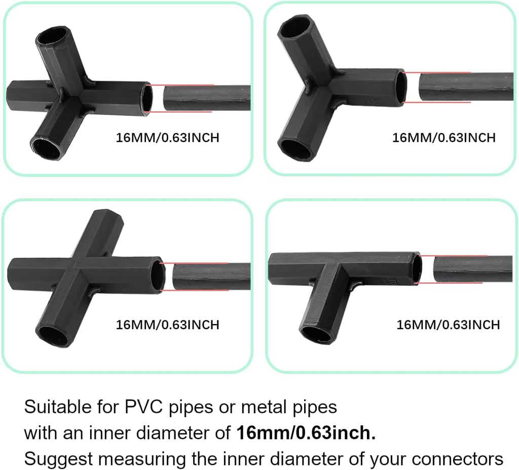 12PCS Fitting 16MM 4 Types Stable Support Heavy Duty Greenhouse Frame Building Connector Black Suitable for Grape Trellis Sunscreen Shed Gardening