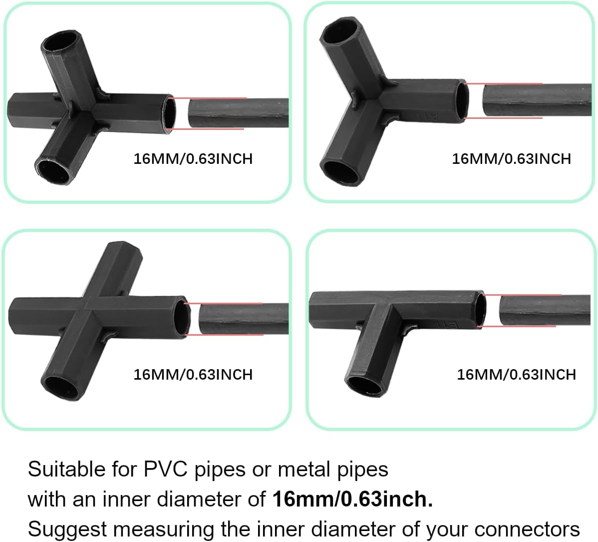 12PCS Fitting 16MM 4 Types Stable Support Heavy Duty Greenhouse Frame Building Connector Black Suitable for Grape Trellis Sunscreen Shed Gardening