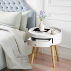 18" H Modern Nightstand with Storage Drawer & Oak Legs Bedside Table, Sofa Side Coffee Table for Bedroom, Living Room (White + MDF)