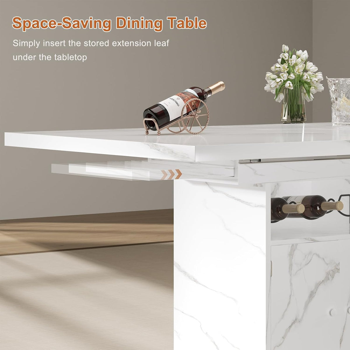 Extendable Dining Room Table for 4-6, 47-63 Inch Faux Marble Extendable Dining Table, Modern Expandable Rectangle Kitchen Dining Table with Storage for Kitchen Living Room