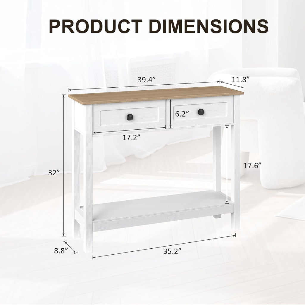 kinbor Entryway Table - White Console Table with 2 Drawers, Narrow Small Console Table with Storage Shelf for Entryway, Living Room, Hallway, Easy to Install, White