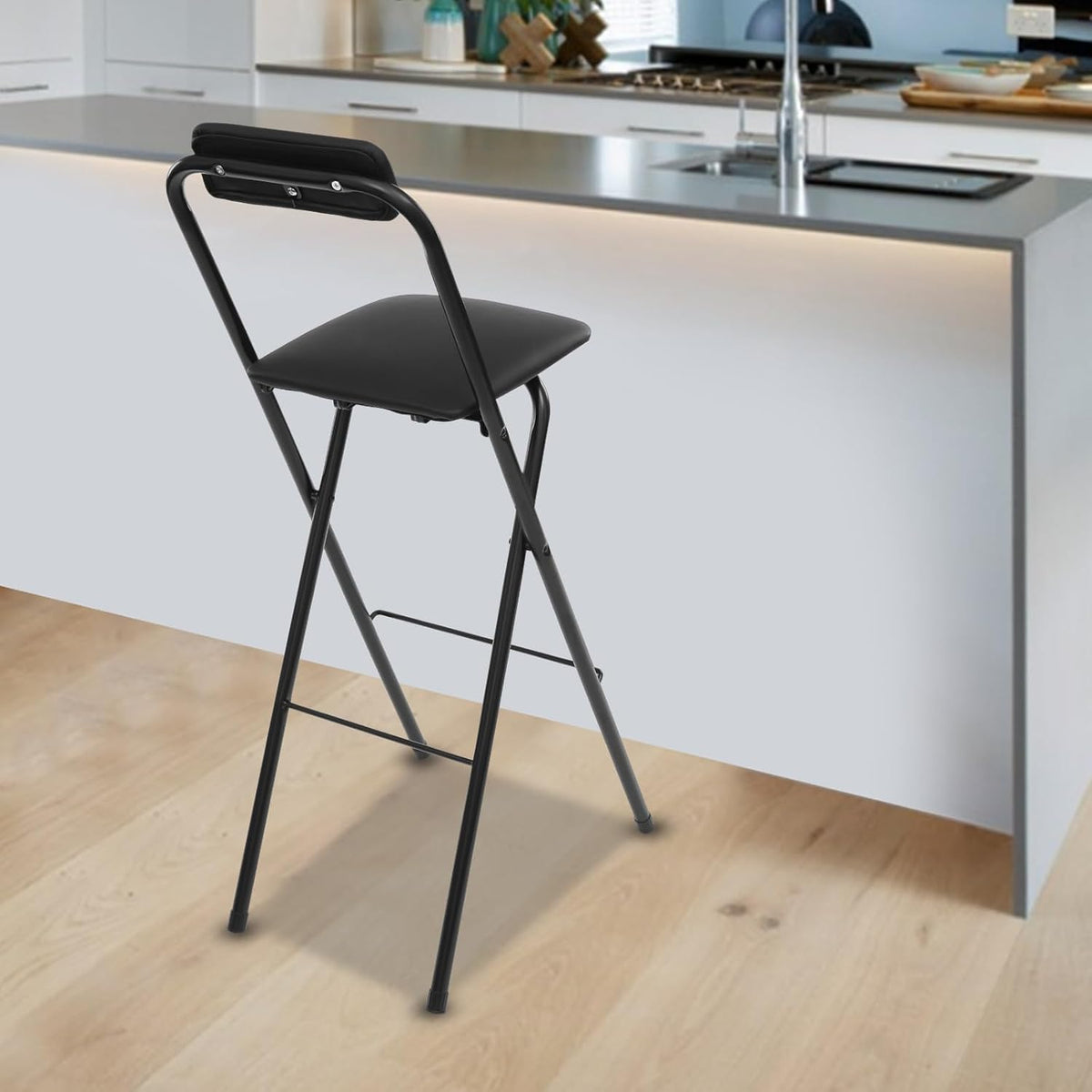 29" Tall Folding Bar Stool with Cushioned Pad and Backrest, Portable Bar Stool, Tall Folding Chairs, 275lbs Load Capacity, for Kitchen, Living Room, Garden, Camping, Black