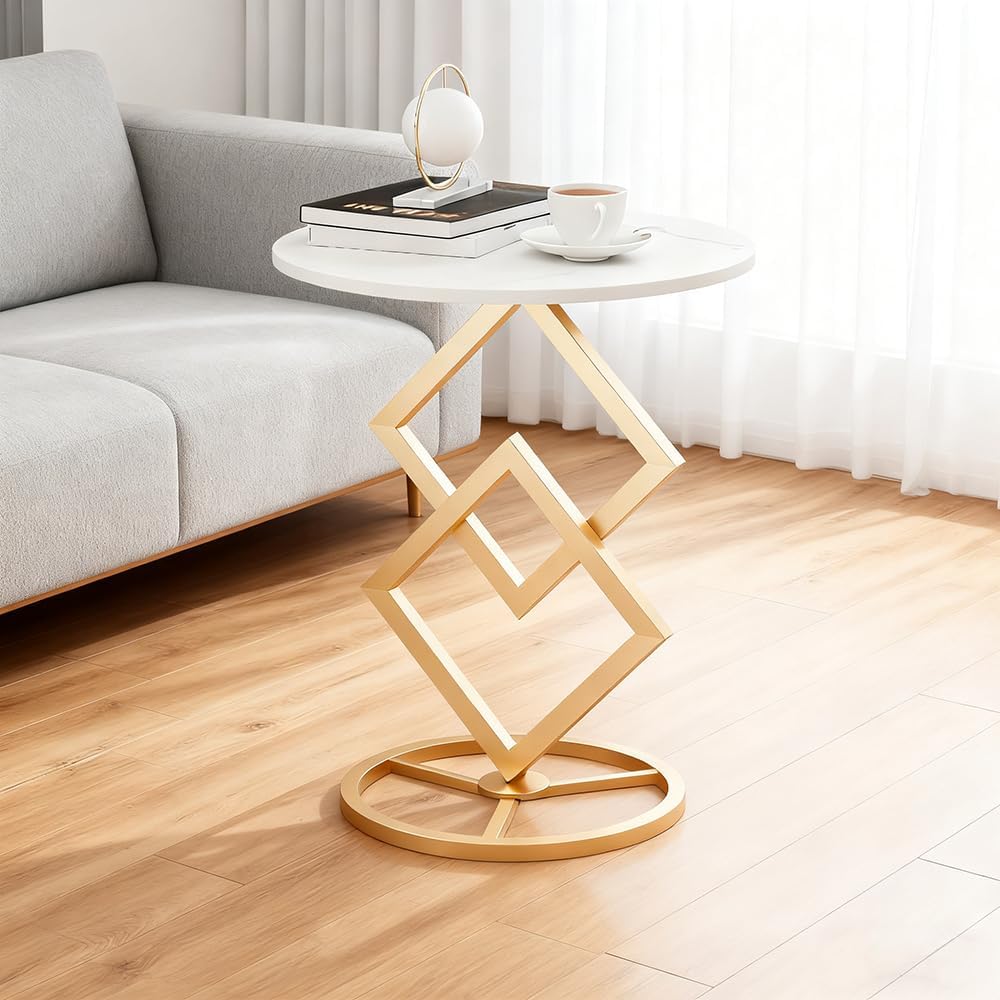 Boho Round Side Table Living Room, Luxurious Marble Desktop end Tables with Simple Aesthetic Metal Base, Modern Decor Bedside nightstand Coffee Snack Table for Bedroom Sofa Patio Balcony