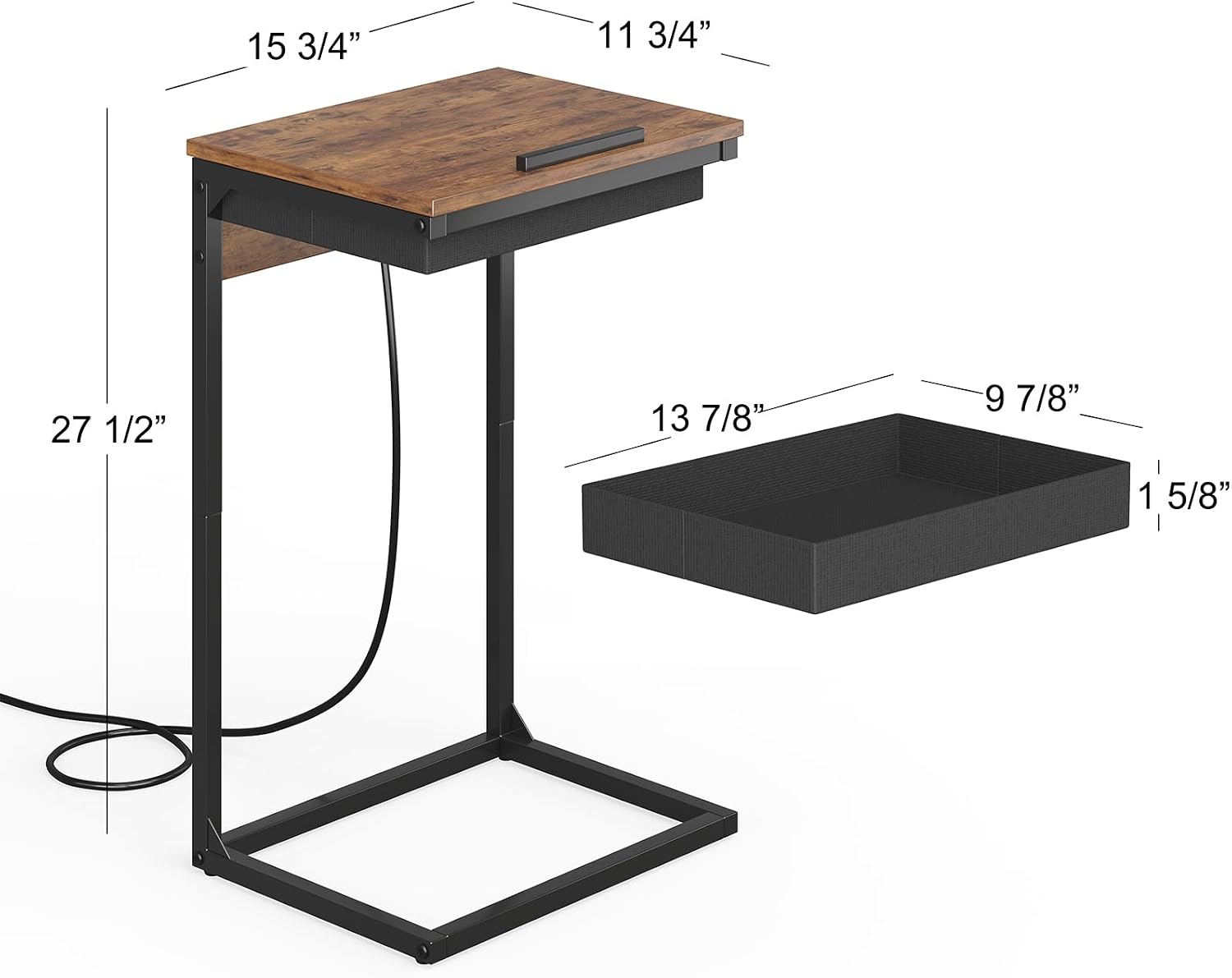 sthmec C Shaped End Table with Charging Station,45° Tiltable Adjustable Flip Top Side Table Set of 2,Small C Table Set 2 for Small Spaces,Slide Under Couch Sofa Bedside Table Living Room,Rustic Brown