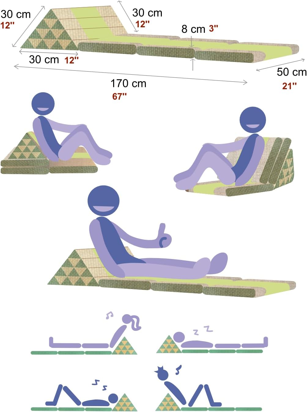 Leewadee - Comfortable Japanese Floor Mattress - Thai Floor Bed with Triangle Cushion - Futon Mattress - Thai Massage Mat, 67 x 21 inches, Ecru, Kapok Filling | Floor & lounge cushion for relaxing, reading & TV - for meditation & yoga, firm & stable