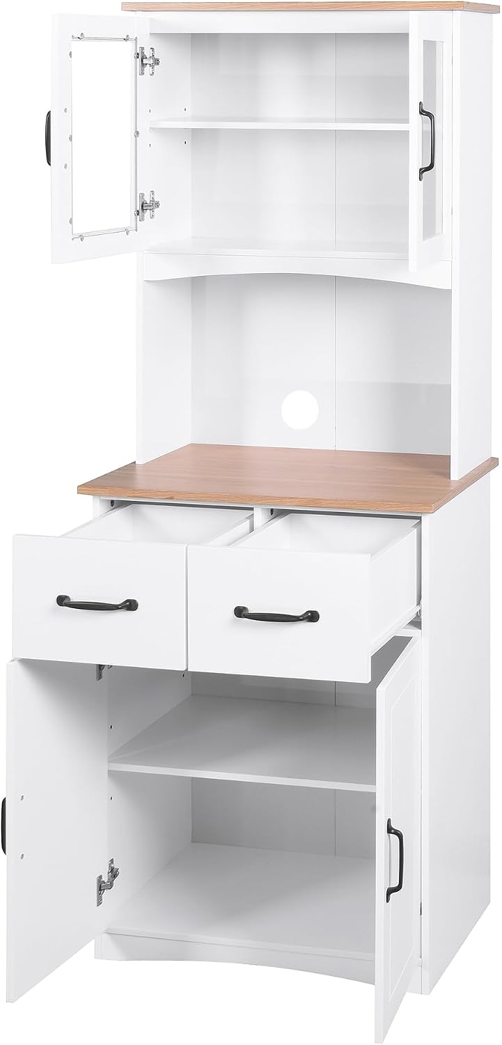 Wooden Kitchen Pantry Cabinet with Framed Glass Doors & Drawer – Microwave Storage Hutch with Adjustable Shelves & Anti-Topple Design
