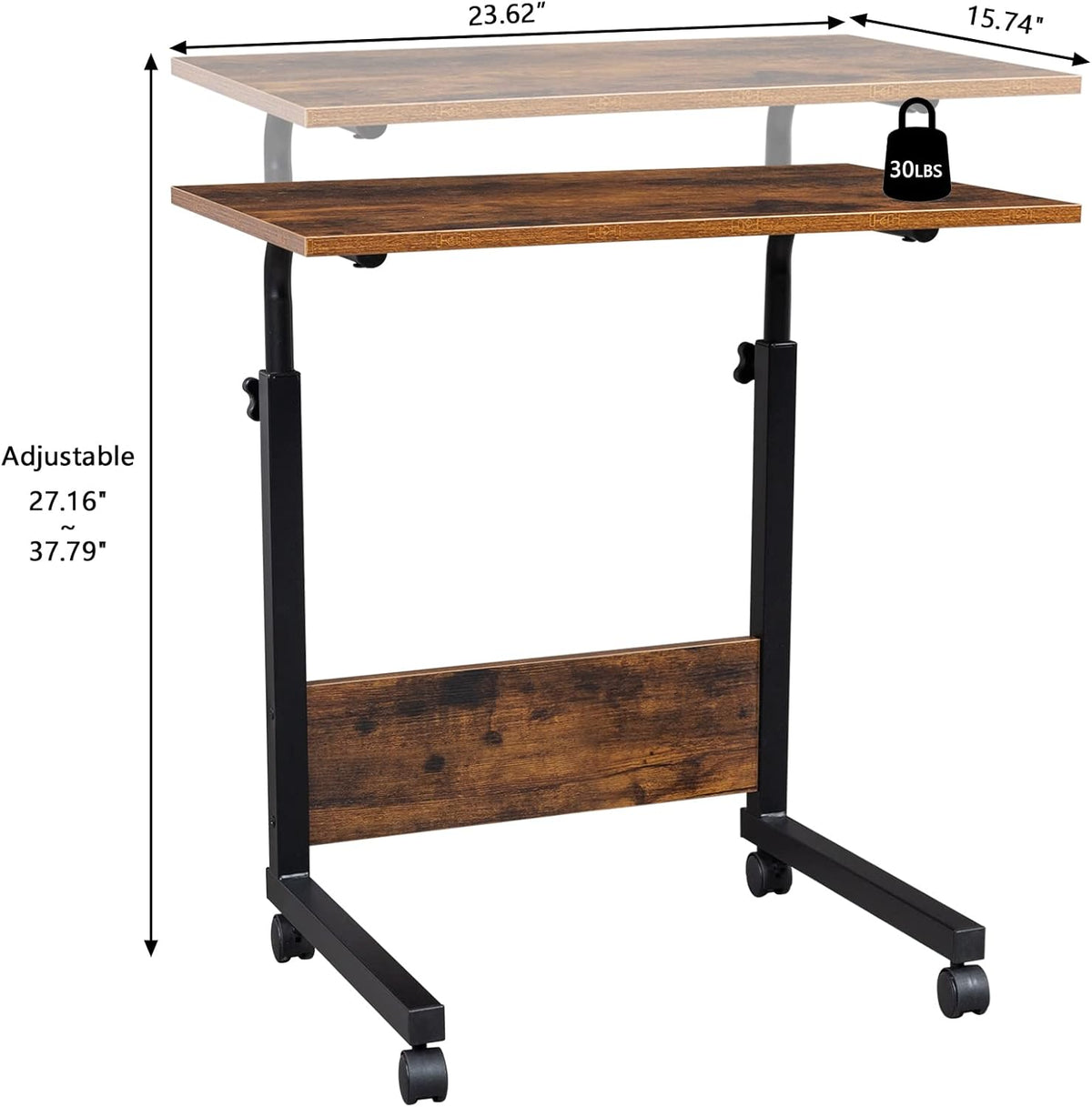 End Table,Mobile Side Table, Mobile Laptop Desk Cart, Adjustable Over Bed Table with Wheels for Sofa, Couch Deak for Sofa Laptop Coffee Snack, for Living room Bedroom, 23.62 x 15.74 x 27.16-37.79 in