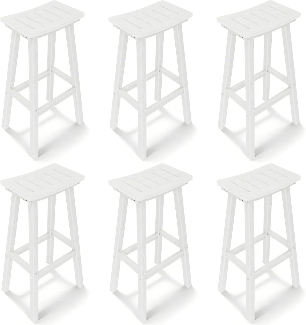 Outdoor Bar Stools Set of 6, 29 Inch All-Weather HDPE Bar Height Chairs, 500lbs Heavy Duty Patio Stools with Saddle Seat for Pub Table, Deck, Backyard(White, 6 Pcs 29")