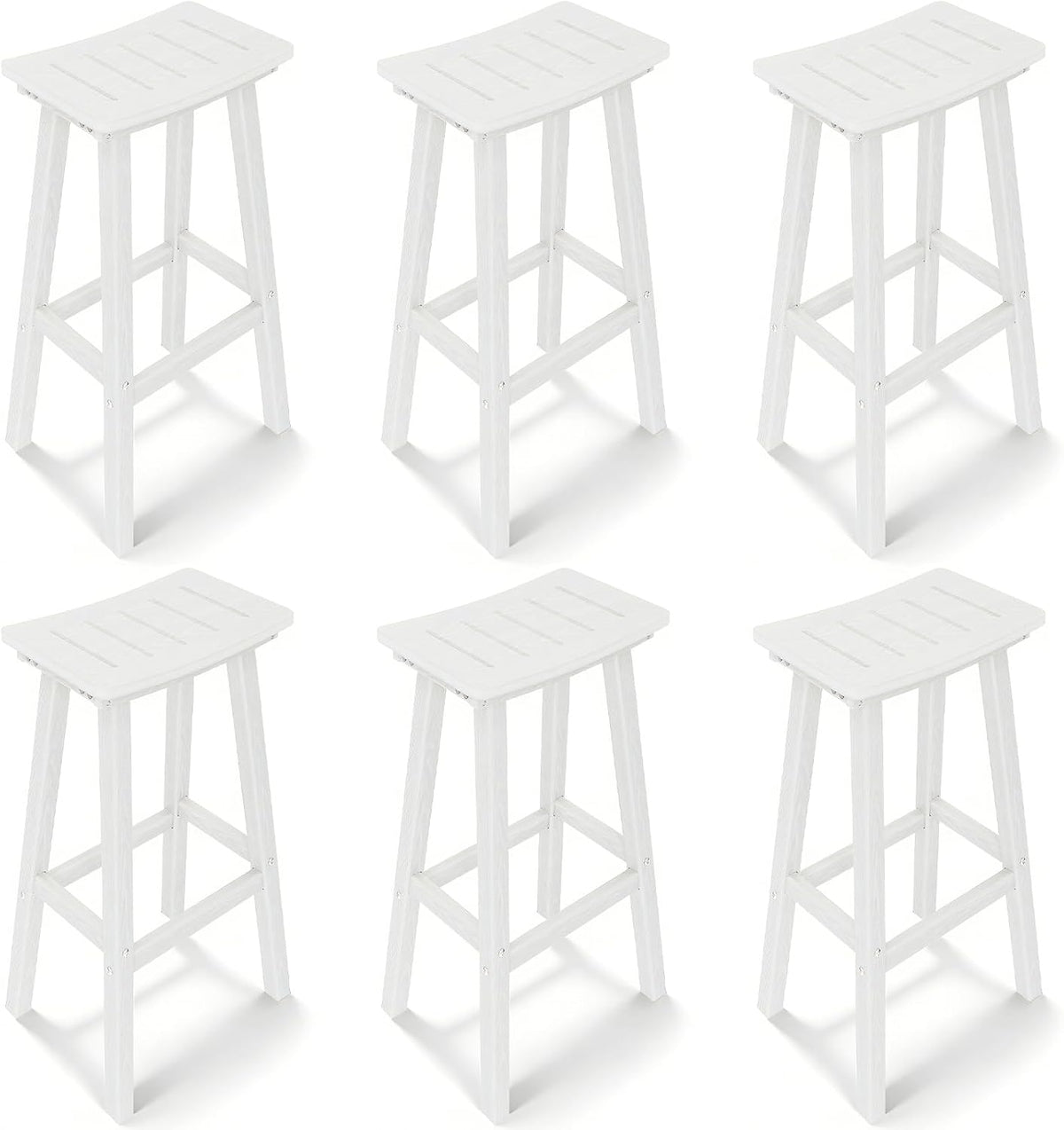 Outdoor Bar Stools Set of 6, 29 Inch All-Weather HDPE Bar Height Chairs, 500lbs Heavy Duty Patio Stools with Saddle Seat for Pub Table, Deck, Backyard(White, 6 Pcs 29")