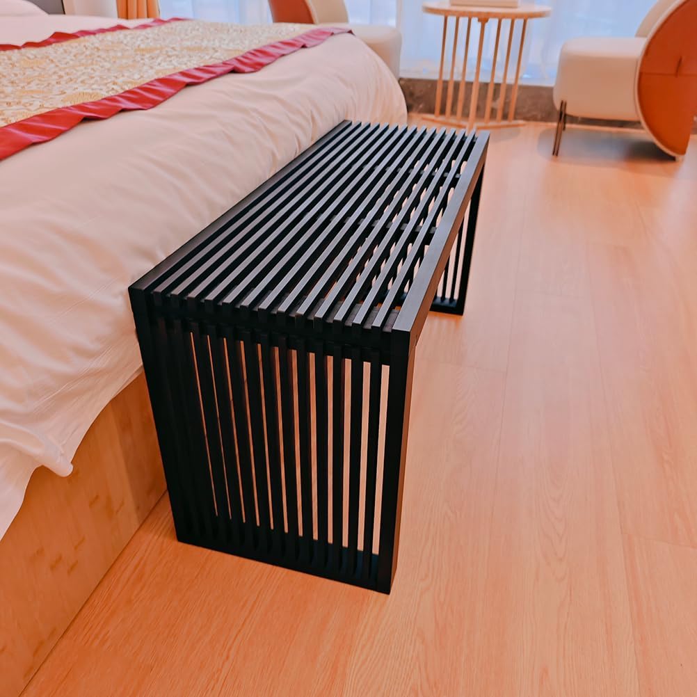 Versatile Wooden Slatted Bench - Sleek Modern Design for Dining, Entryway, Bedroom - Indoor Use with Storage Capability for Home, Kitchen, Bathroom & Beyond (Black)