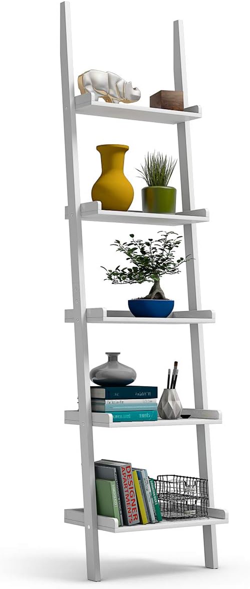 Tangkula Ladder Shelf, 5-Tier Multifunctional Modern Wood Plant Flower Book Display Shelf, Home Office Storage Rack Leaning Ladder Wall Shelf (White, 1)