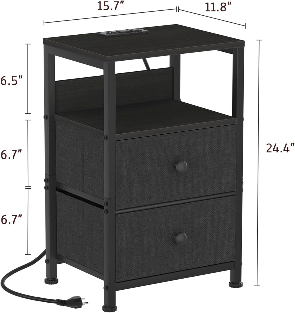 End Table with Charging Station & USB Ports, Rustic Nightstand with Fabric Drawers and Storage Shelf, Sofa Bed Side Table, Narrow Entryway Table for Bedroom Living Room, Black