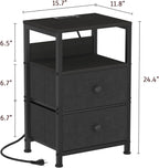 End Table with Charging Station & USB Ports, Rustic Nightstand with Fabric Drawers and Storage Shelf, Sofa Bed Side Table, Narrow Entryway Table for Bedroom Living Room, Black