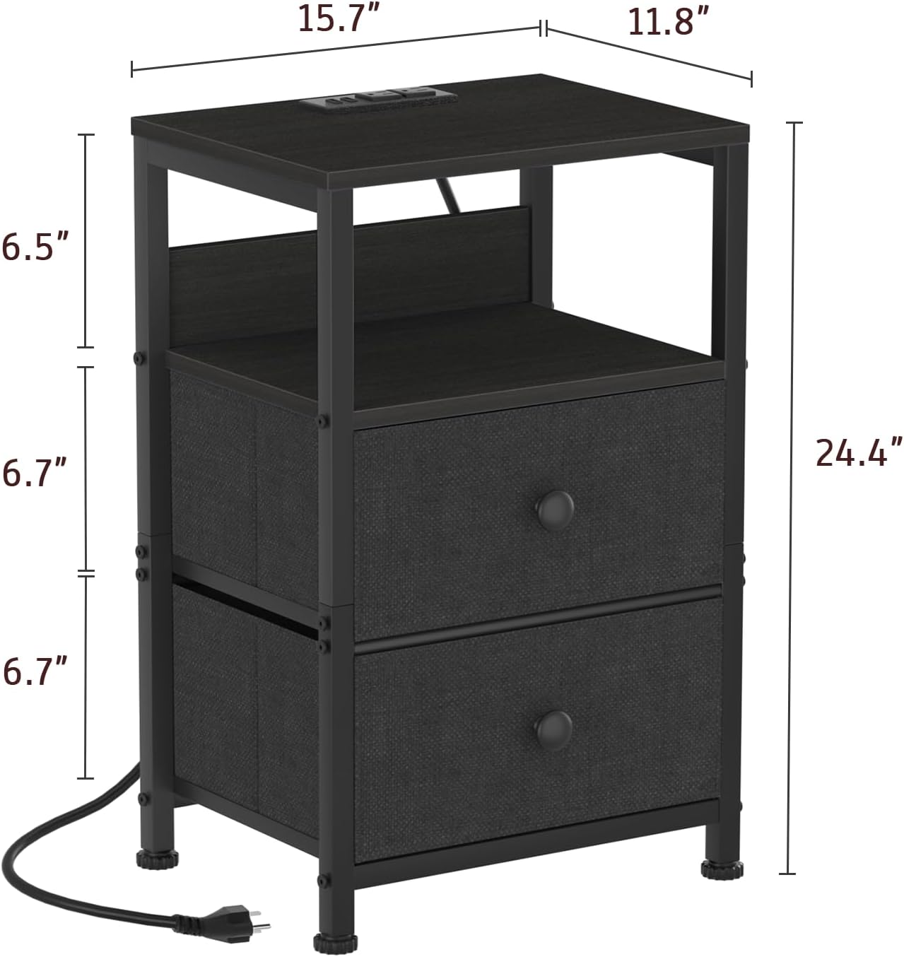 End Table with Charging Station & USB Ports, Rustic Nightstand with Fabric Drawers and Storage Shelf, Sofa Bed Side Table, Narrow Entryway Table for Bedroom Living Room, Black
