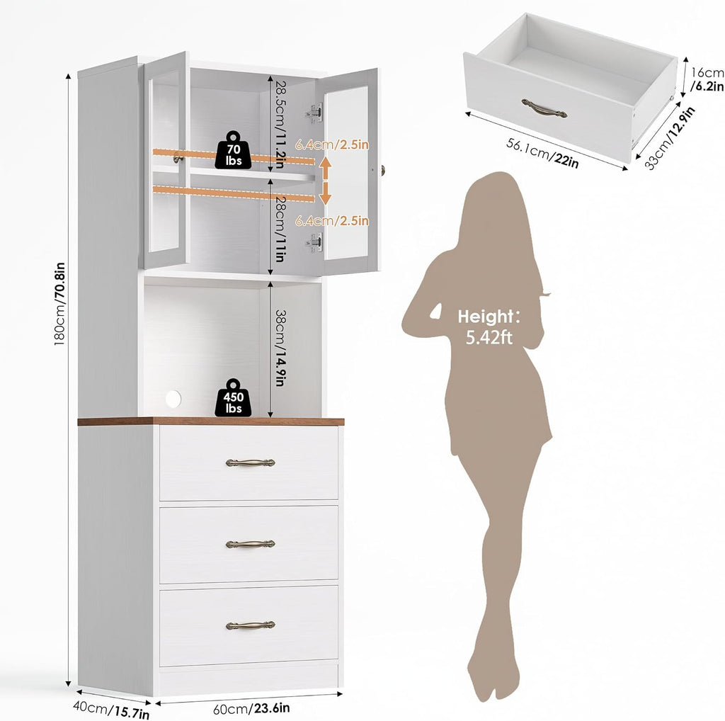Keyluv 71“ Tall Kitchen Pantry Storage Cabinet with Microwave Stand, Buffet Kitchen Hutch with Shelves and Drawers, Wood Coffee Bar Pantry Cabinet with Glass Doors, for Dining Room/Small Space, White