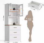 Keyluv 71“ Tall Kitchen Pantry Storage Cabinet with Microwave Stand, Buffet Kitchen Hutch with Shelves and Drawers, Wood Coffee Bar Pantry Cabinet with Glass Doors, for Dining Room/Small Space, White
