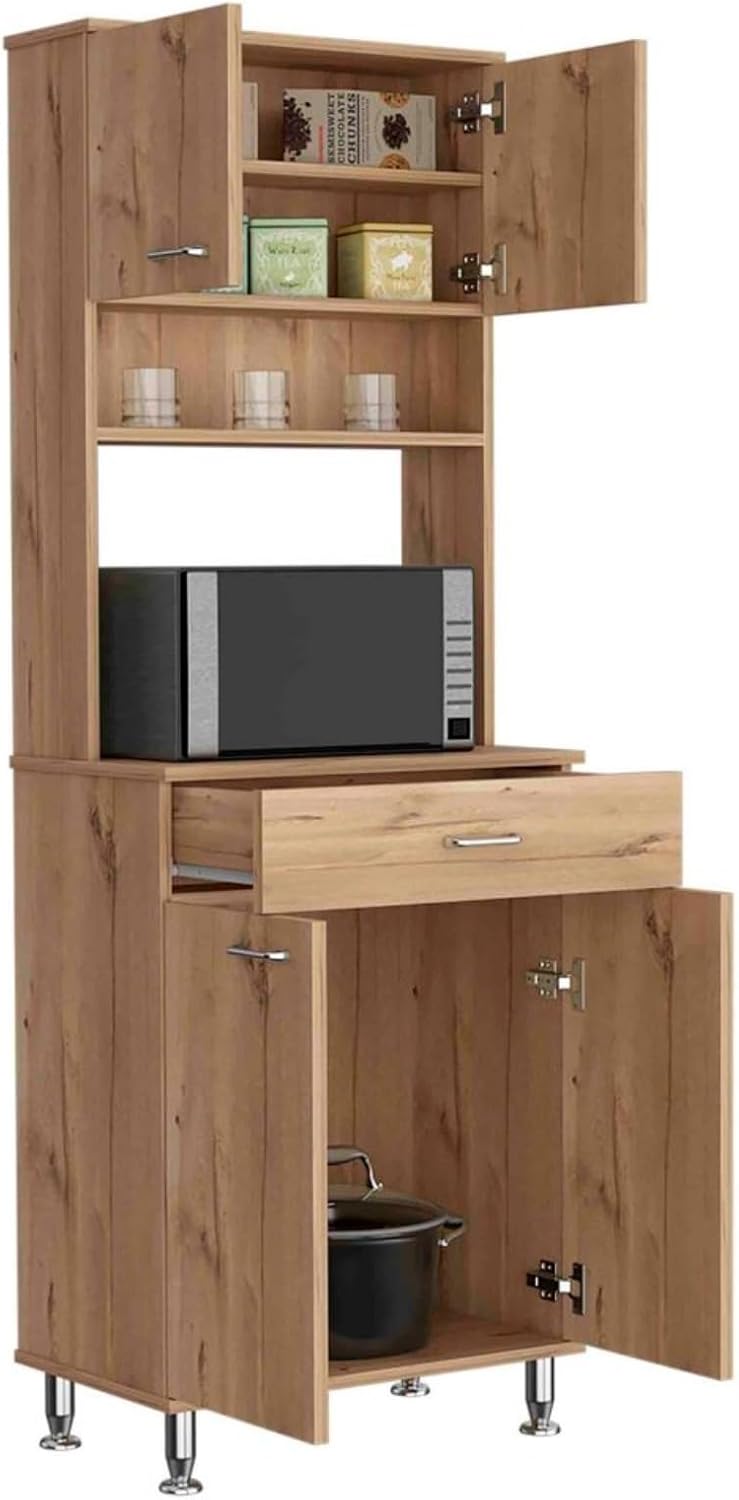 60" Freestanding Kitchen Panty Solid Wood Food Pantries with Storage Shelf & Open Countertop, Tall Buffet Cabinet Kitchenware Server with Microwave Stand & Silver Metal Handles (Beige)