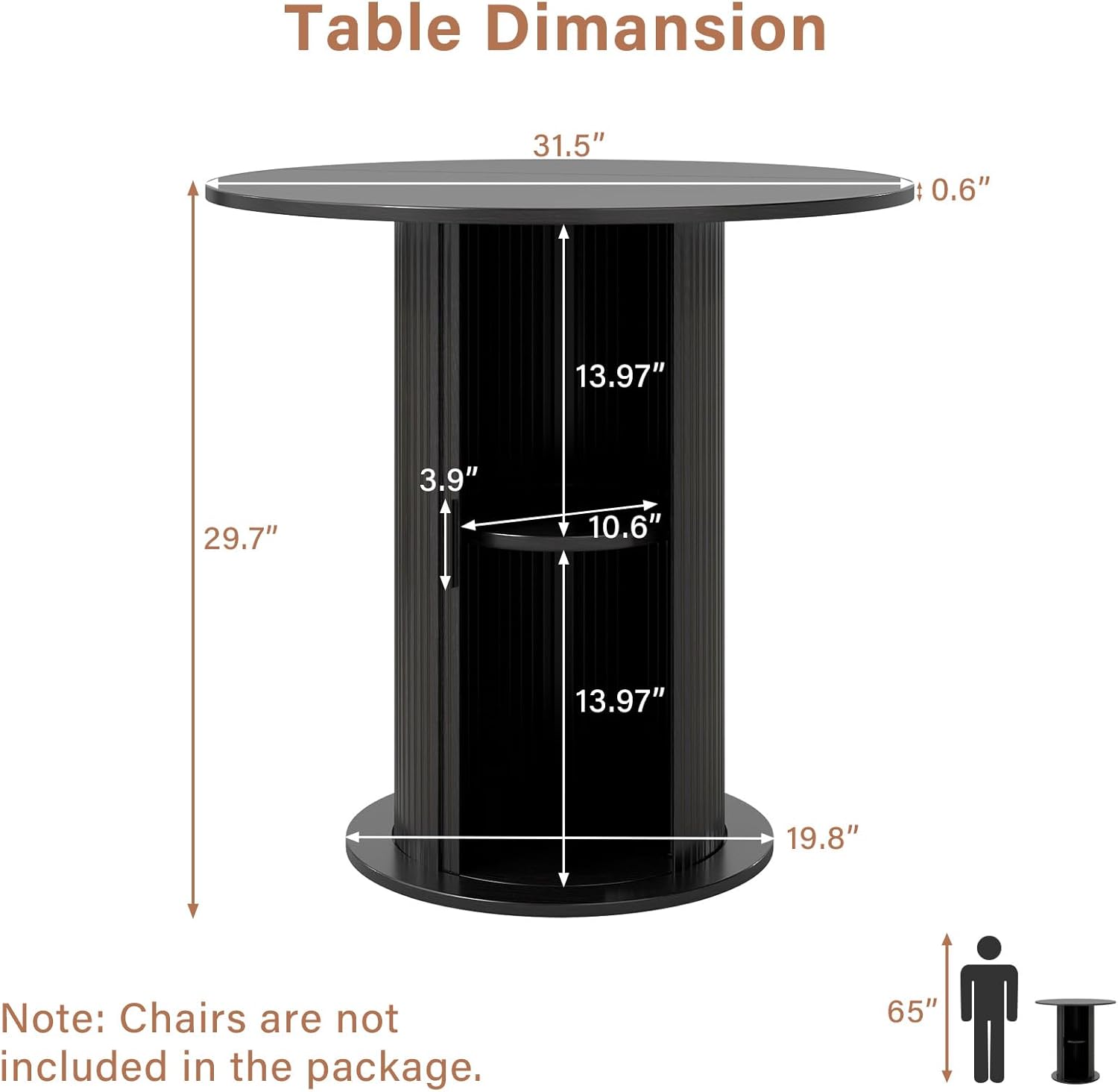 Round Dining Table with Storage,31.5" Modern Storage Kitchen Table for 2-4 People with Curved Sliding Door Fluted Wood Thickened Tabletop for Dining Room/Kitchen/Living Room,Black