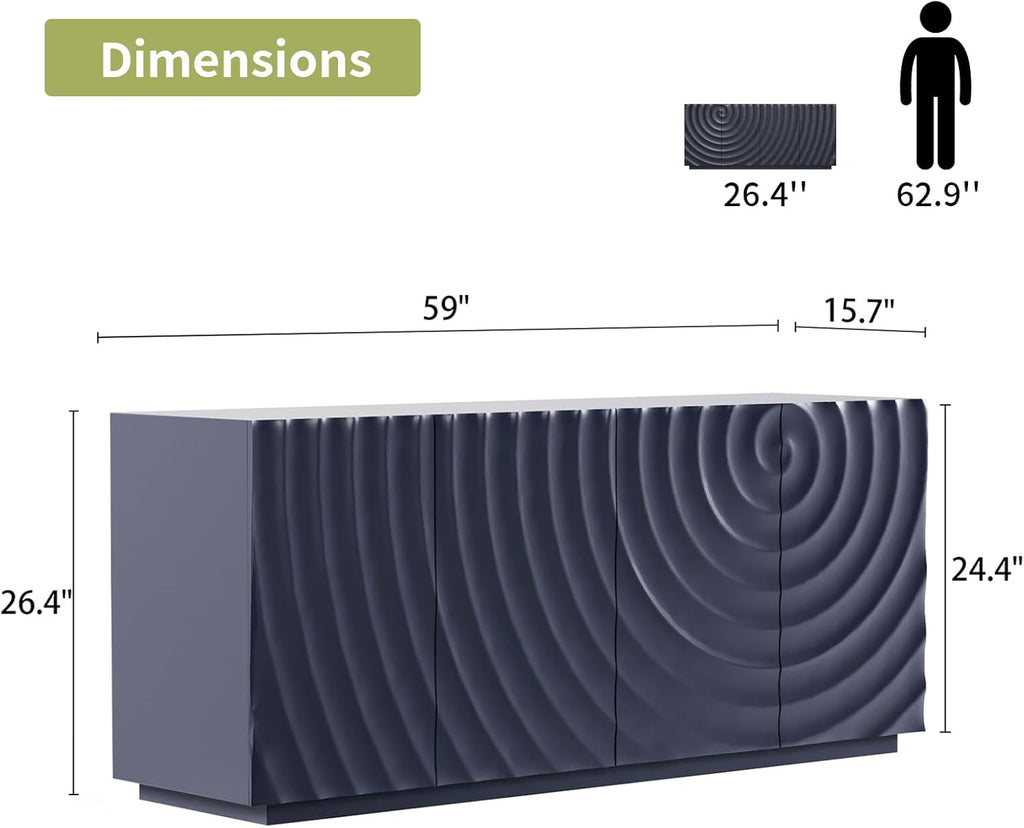 LKTART 59" Sideboard Buffet Cabinet with Storage, 4 Doors Modern Accent Storage Sideboard, Floor Cabinet Buffet with Spiral Grain for Kitchen, Living Room (Blue)
