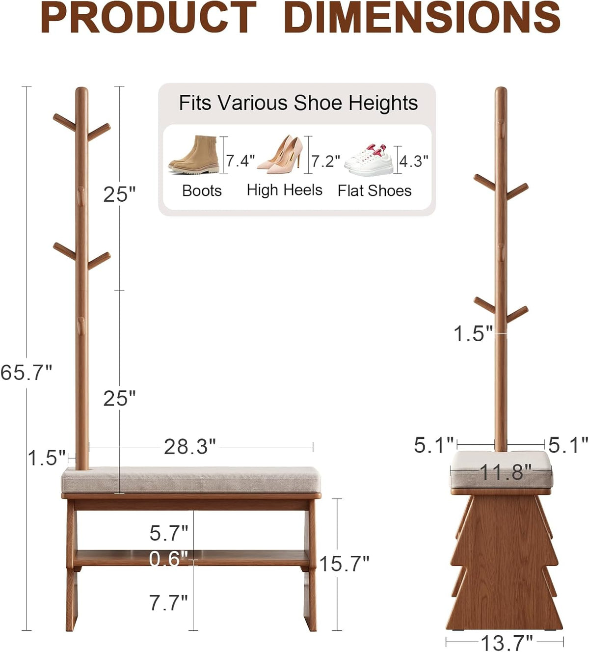 Coat Rack with Shoe Storage,Shoe Rack whit 8 Hook for Offices、Bedroom、Living Room,Small Shoe Bench,Walnut