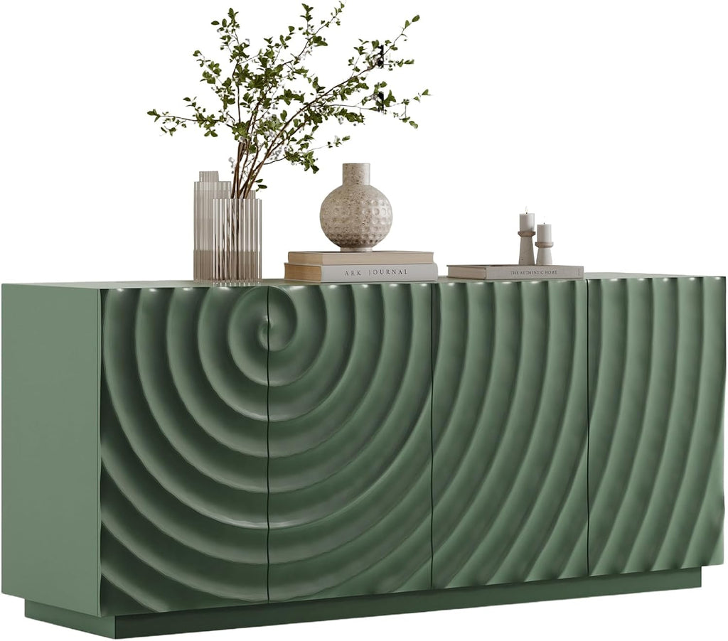 4 Door Modern Sideboard Buffet Cabinet with Spiral Grain, Accent Storage Sideboard Freestanding Anti-Dumping Storage Cabinet Buffet for Kitchen & Living Room (Green)