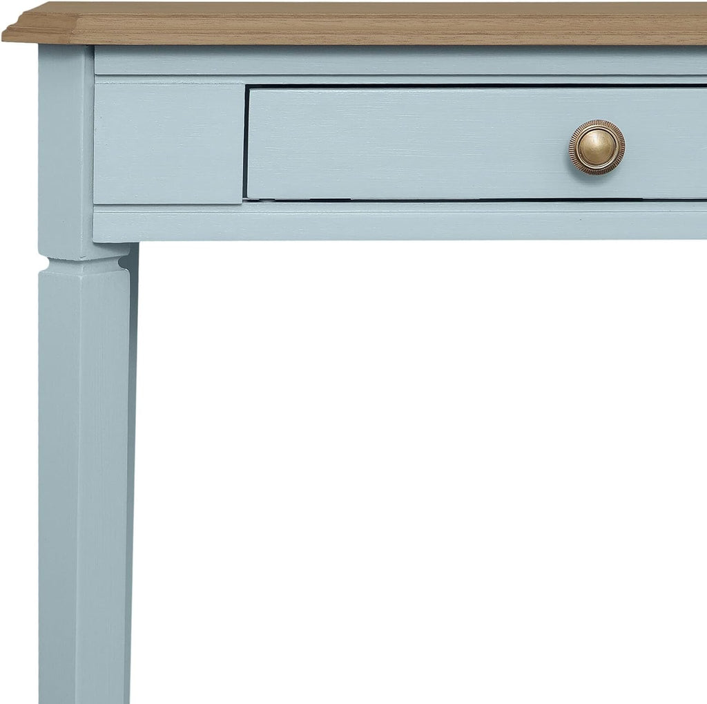East at Main Marnie Blue Narrow Console Table for Entryway with Drawer | 23.75-inch slim hallway table with lower shelf, powder blue and natural wood finish, coastal furniture for small spaces