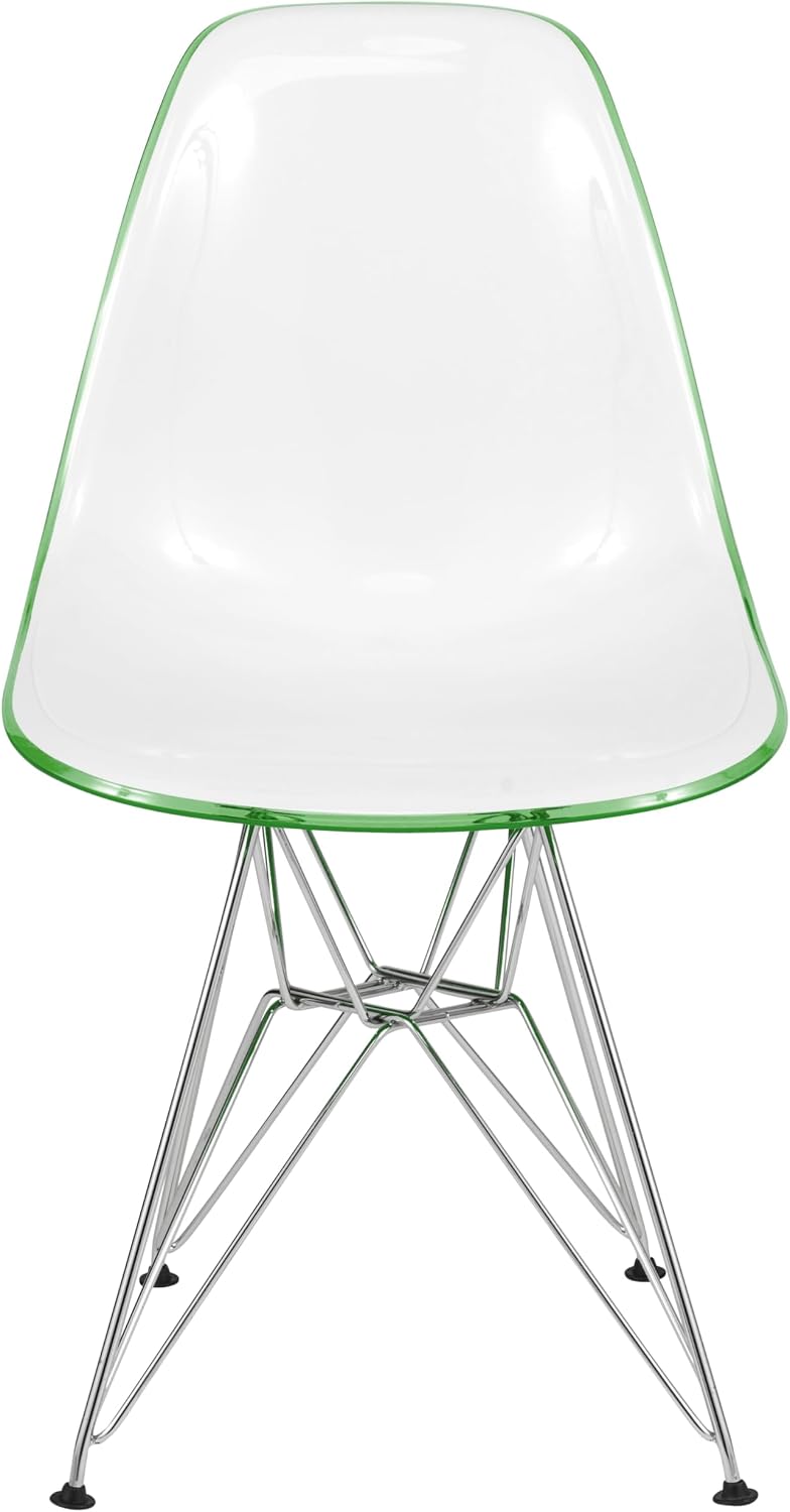 LeisureMod Cresco Acrylic Dining, Modern Chrome Eiffel Base and Curved Back Design, Ergonomic and Lightweight Accent Side Chair for Mid-Century Home, Kitchen, and Café (White Green, Singles)