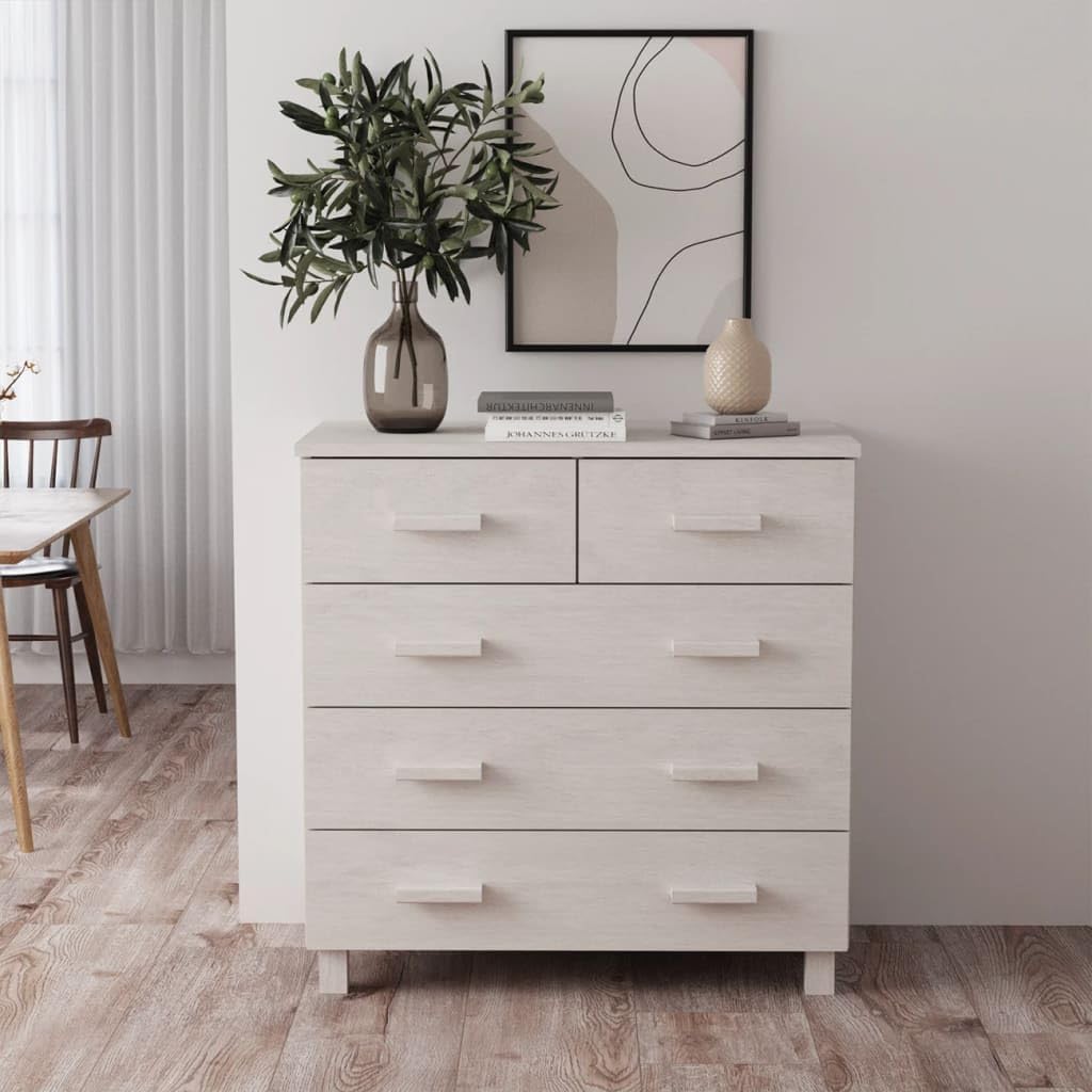 Modern White Sideboard with Sliding Doors and Five Drawers, Solid Pinewood and MDF Buffet Cabinet for Living Room Dining Area Storage