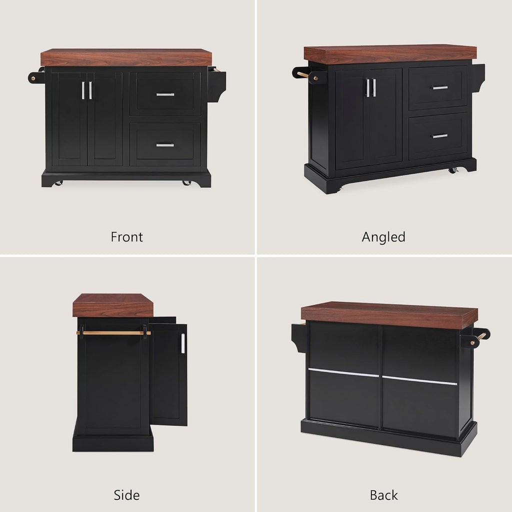 53" Large Kitchen Island with 3.5" Thick Desktop, Spice and Towel Racks, Rolling Kitchen Island with Storage on 5 Wheels, 2 Extra-Large Drawers, for Home, Kitchen, Dining Room, Black