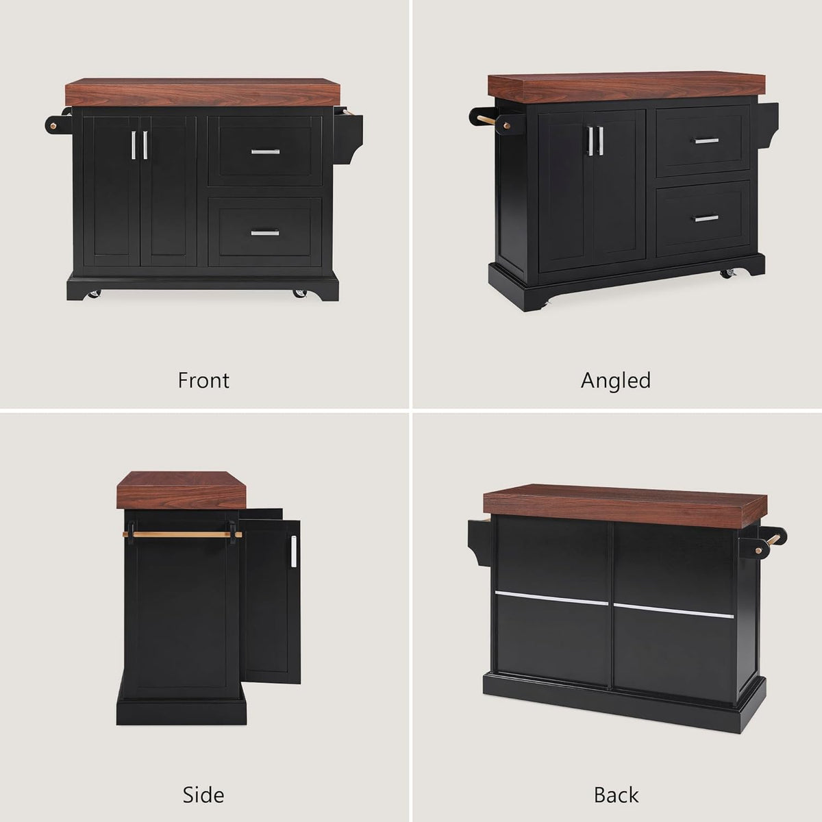 53" Large Kitchen Island with 3.5" Thick Desktop, Spice and Towel Racks, Rolling Kitchen Island with Storage on 5 Wheels, 2 Extra-Large Drawers, for Home, Kitchen, Dining Room, Black