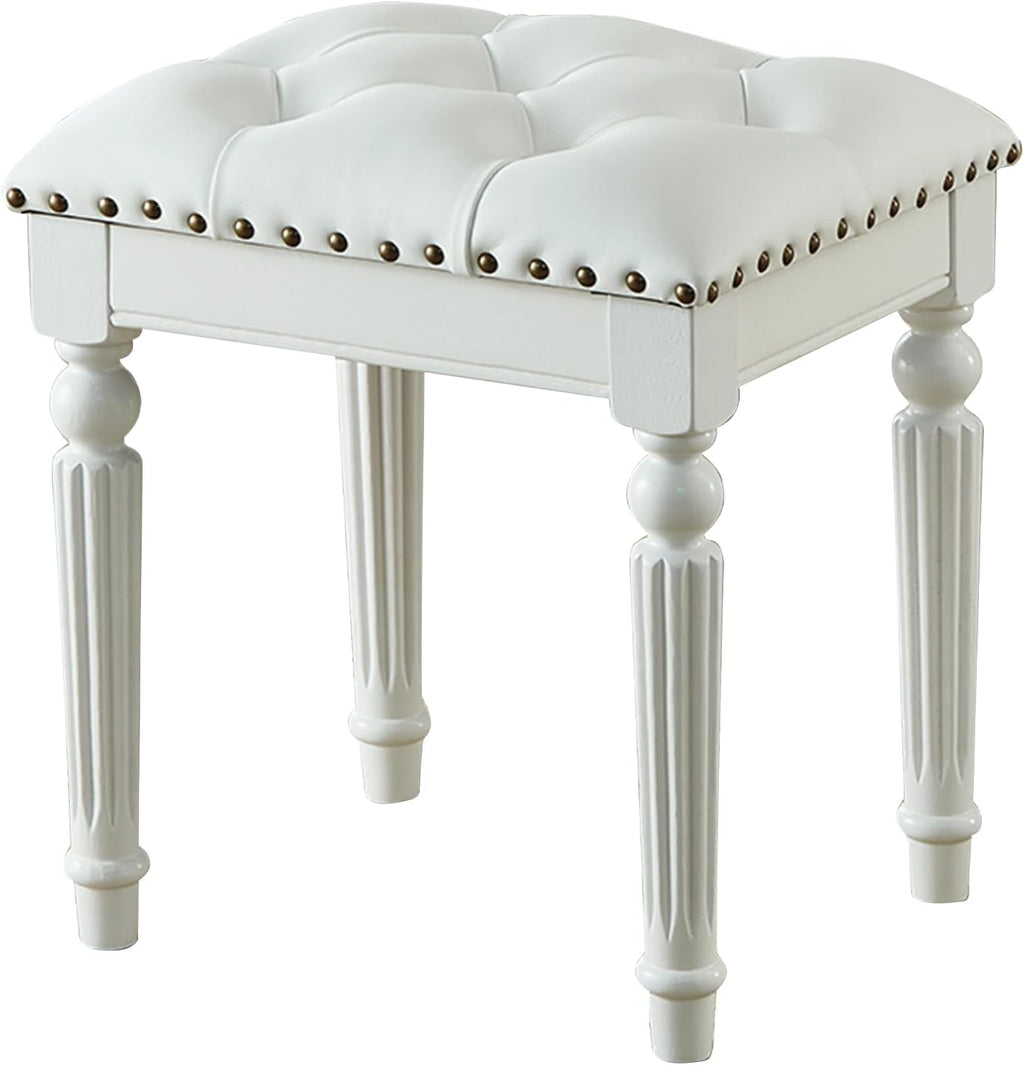 Vanity Bench Stool with Microfiber Leather Cushion, Vanity Chair Ottoman Dressing Stool with Solid Wood Legs for Bedroom, Makeup Room, Dressing Room, Easy Assembly (White)