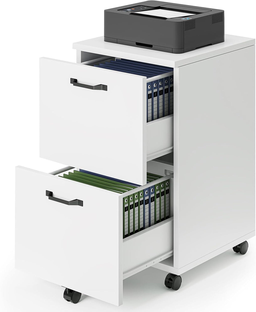 DUMOS 2 Drawer Filing Cabinet, Rolling Wood File Cabinet for Home Office, Under Desk Storage with Lockable Wheels, Printer Stand, Office Organizer, White