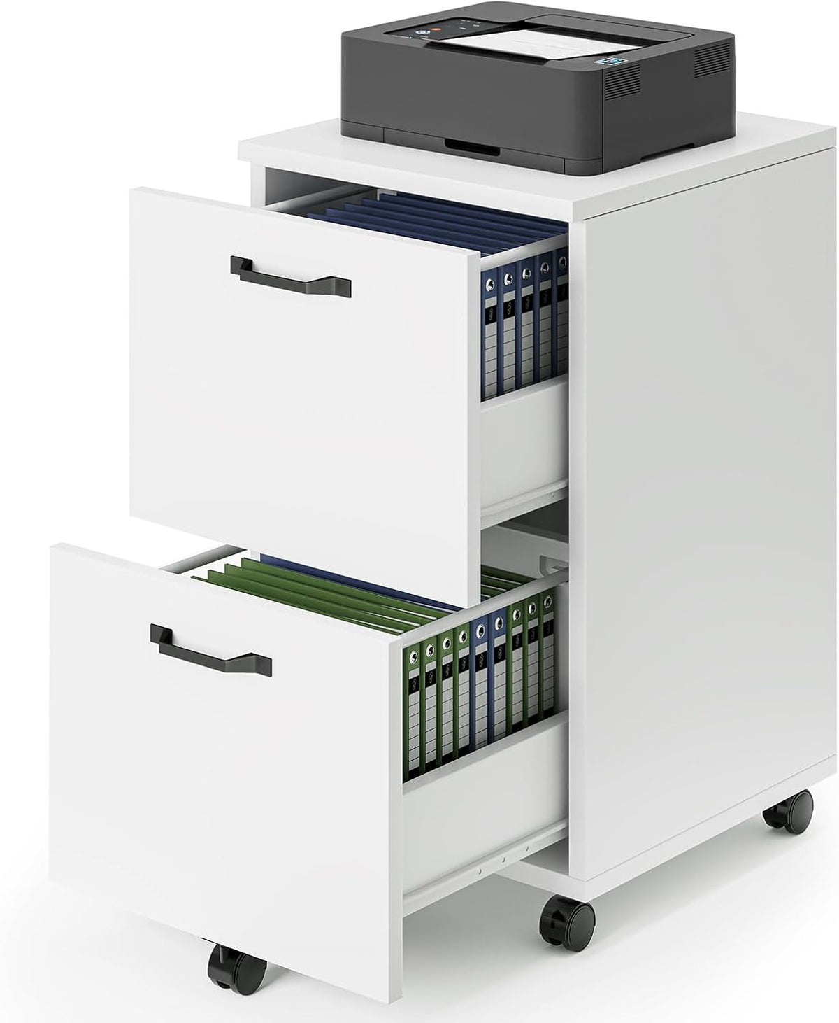 DUMOS 2 Drawer Filing Cabinet, Rolling Wood File Cabinet for Home Office, Under Desk Storage with Lockable Wheels, Printer Stand, Office Organizer, White