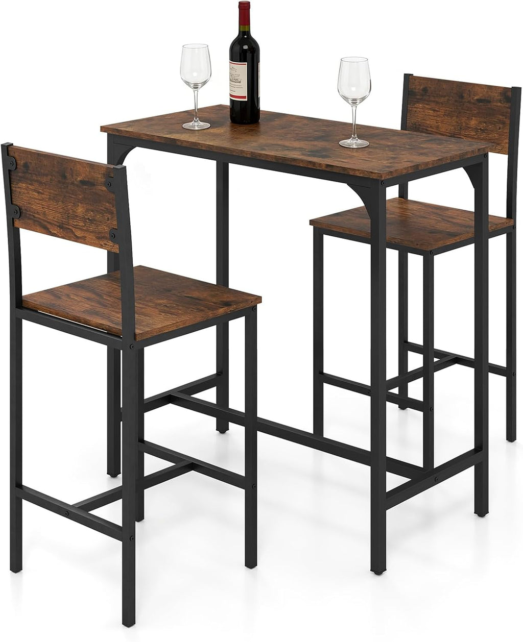 GIANTEX 3-Piece Bar Table and Chair Set with 2 Counter Height Bar Stools, Breakfast Nook Table Set for Small Space, Dinette, Pub, Kitchen, Apartment, Restaurant, Dining Table Set for 2 (Brown)