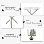 Round Glass Dining Room Table for 2-3, Modern Tempered Glass Top, Sturdy Chrome Legs, Adjustable Foot Pads, Kitchen Table for Living Room, Dining Room, Tea, Home, 35.5 Inch, Round Silver Base