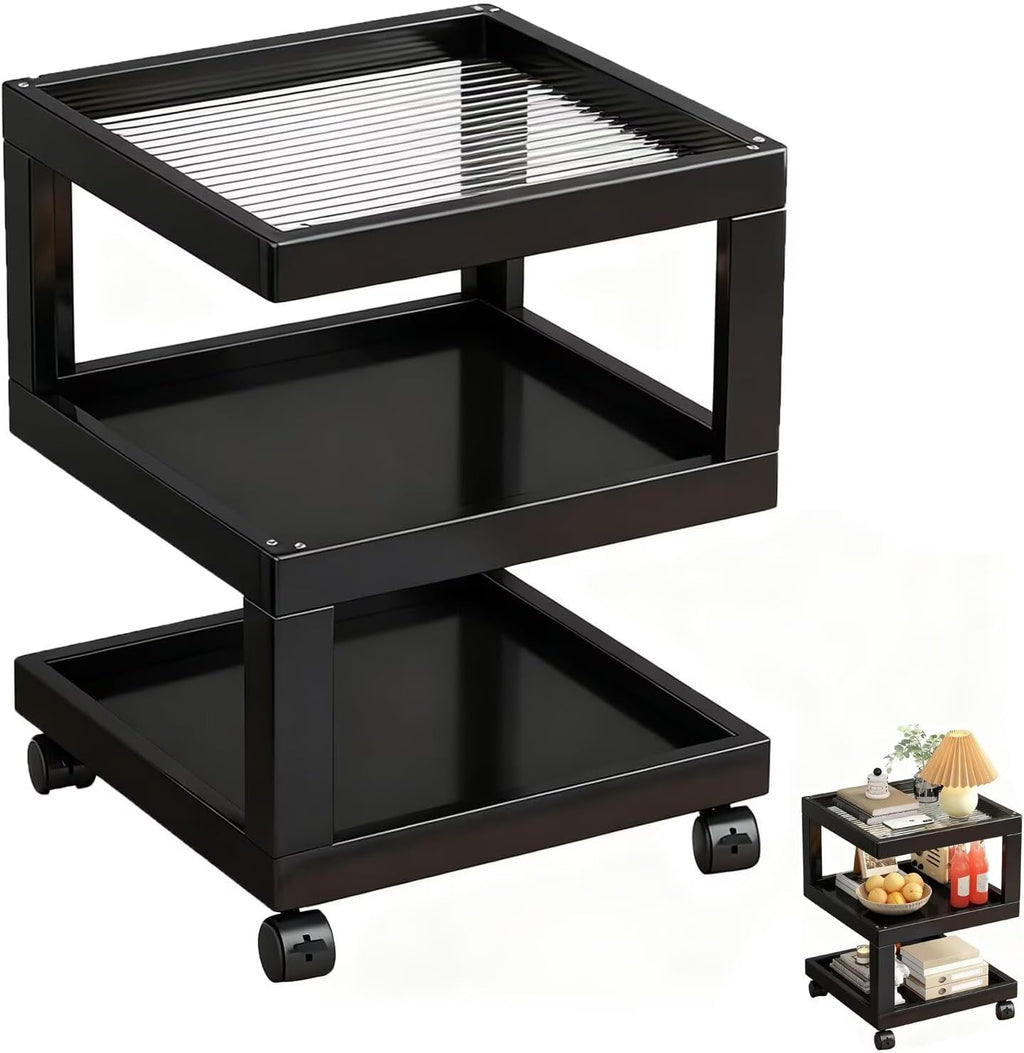 Bedroom Nightstand Cart Mobile Multi-Function Shelf with Lockable Casters, Storage Cart with Wooden Frame for Kitchen Living Room, S-Shaped End Table Bedside Table, Black 11.8x11.8x22in