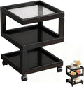 Bedroom Nightstand Cart Mobile Multi-Function Shelf with Lockable Casters, Storage Cart with Wooden Frame for Kitchen Living Room, S-Shaped End Table Bedside Table, Black 11.8x11.8x22in