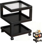 Bedroom Nightstand Cart Mobile Multi-Function Shelf with Lockable Casters, Storage Cart with Wooden Frame for Kitchen Living Room, S-Shaped End Table Bedside Table, Black 11.8x11.8x22in