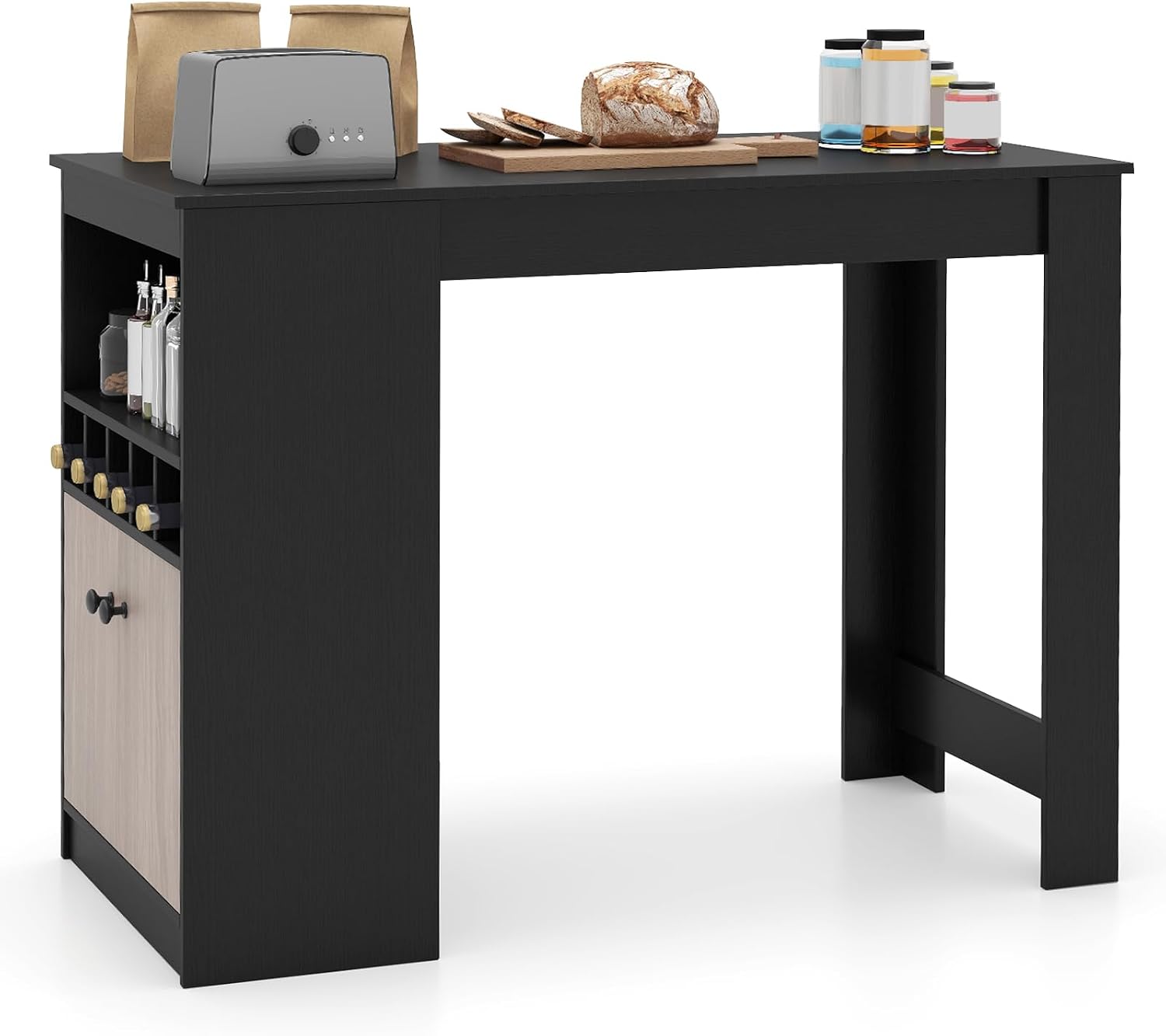 Giantex 48" Dining Table, Counter Height Bar Table with Storage Cabinet, Wine Rack, Compartment & Adjustable Shelf, Modern Bistro Tables for Home, Coffee Shop, Kitchen, Pub, Black & Gray